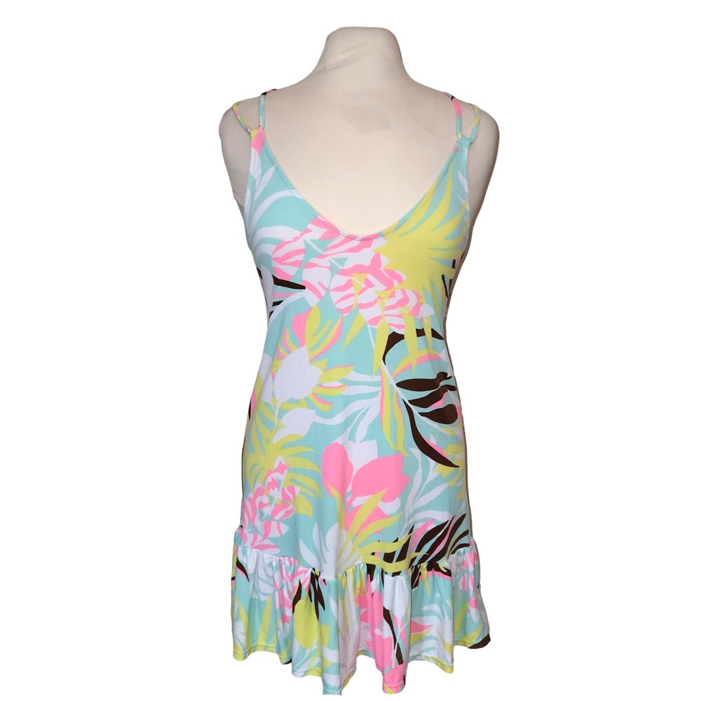 Maaji Swimsuit Cover Tropical Pastel Floral Print Ruffle Lattice Back Dress S - Picture 2 of 9